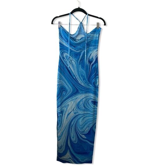 NWT Farai London X REVOLVE Saira Dress Blue mesh midi halter swirl print M - Picture 5 of 8